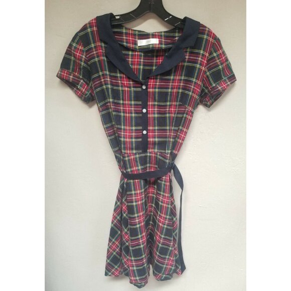 Betina Lou Red Tartan Plaid Flannel Shirt Dress Size Medium Belted Short Sleeve